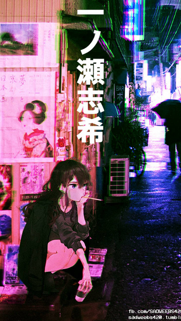 Sad Anime Girl In Japanese City Aesthetic Wallpaper