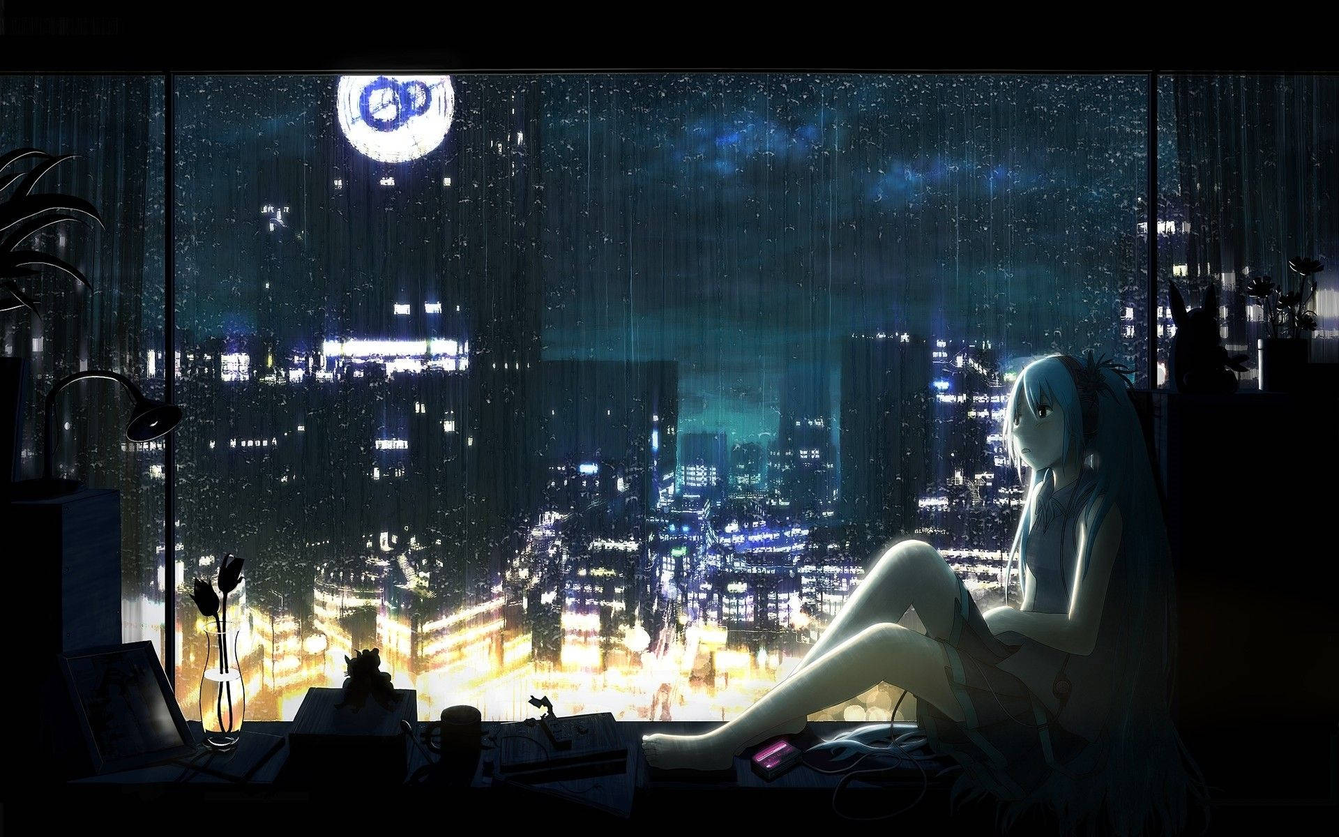 Sad Anime Girl In Window Aesthetic Wallpaper