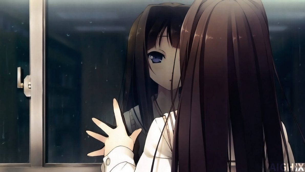 En trist anime pige, der kigger på hendes ensomme refleksion. Wallpaper