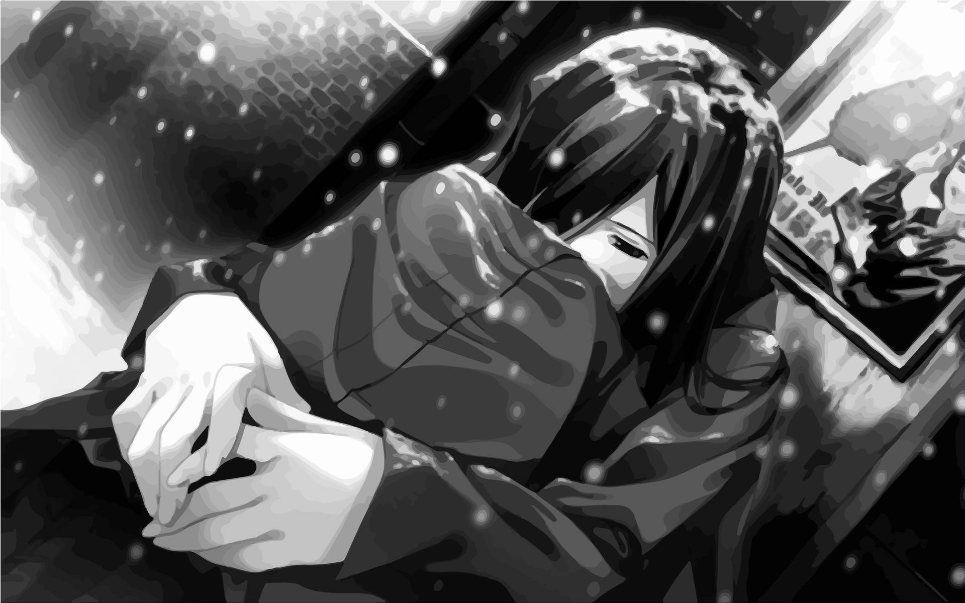 Homeless girl in black and white holding herself in the snow, Sad Anime HD wallpaper.