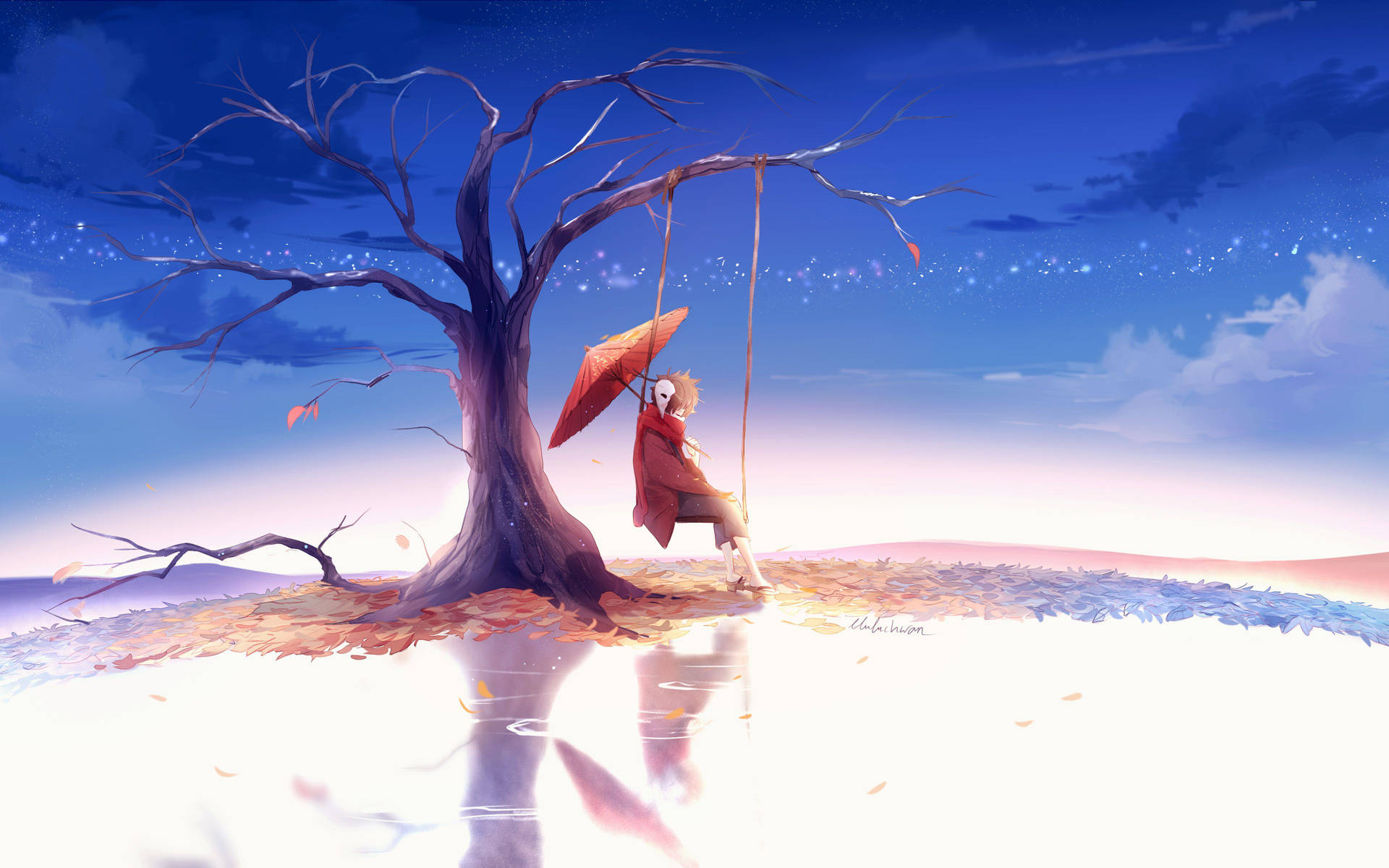 A sad boy sitting on a swing on a dead tree with an umbrella, Sad Anime HD wallpaper.
