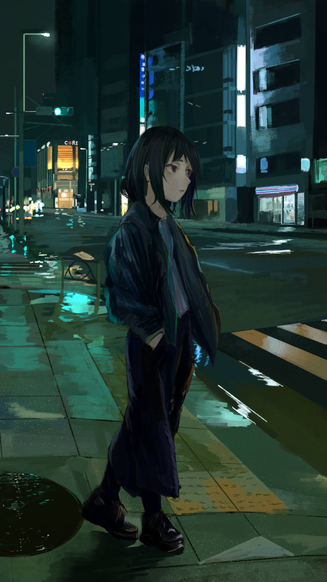 En pige står på en gade om natten. Wallpaper