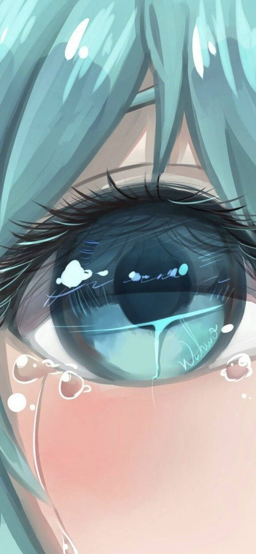 sad anime girl crying with brown hair and blue eyes