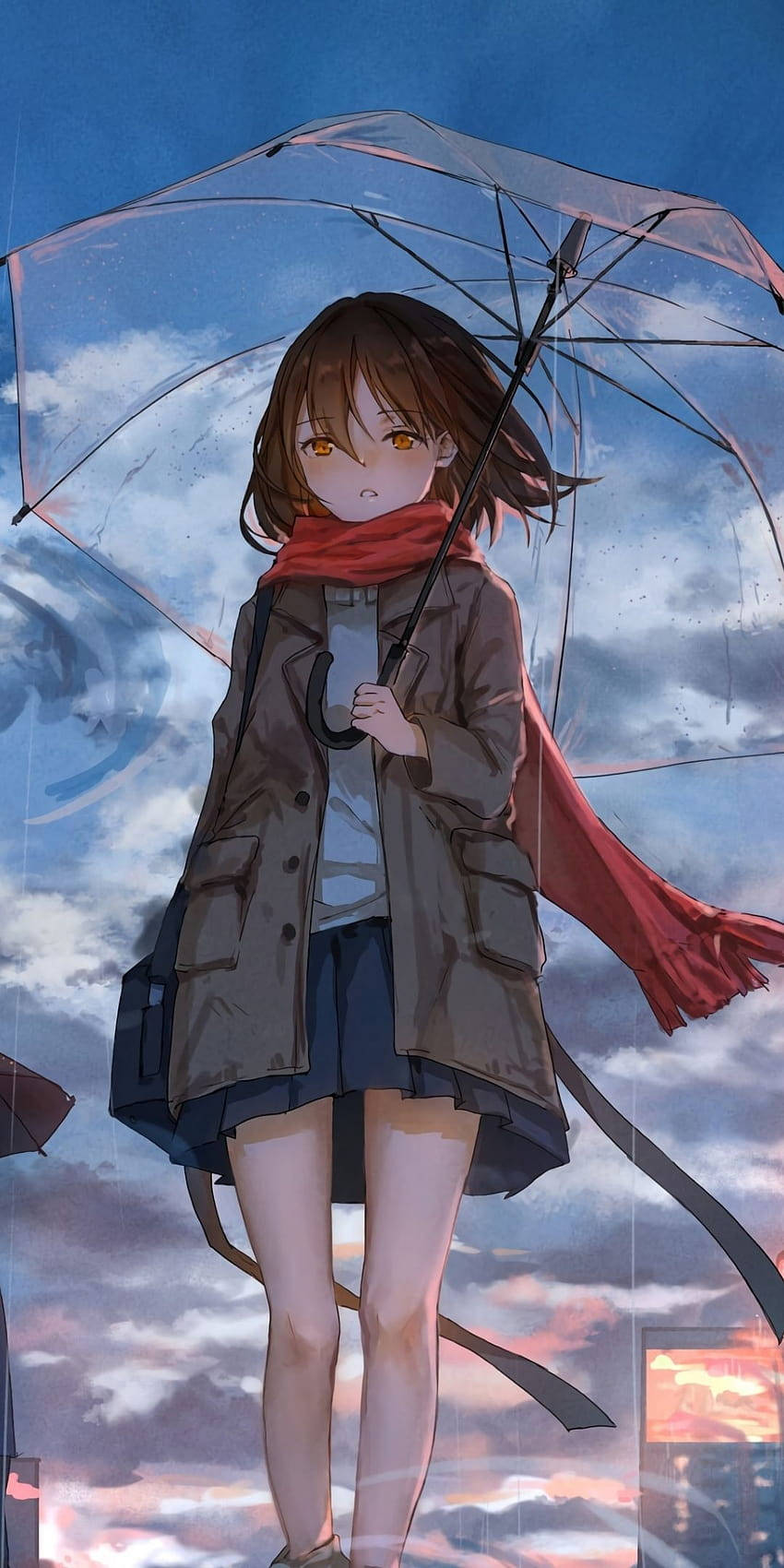 a girl holding an umbrella in the sky Wallpaper