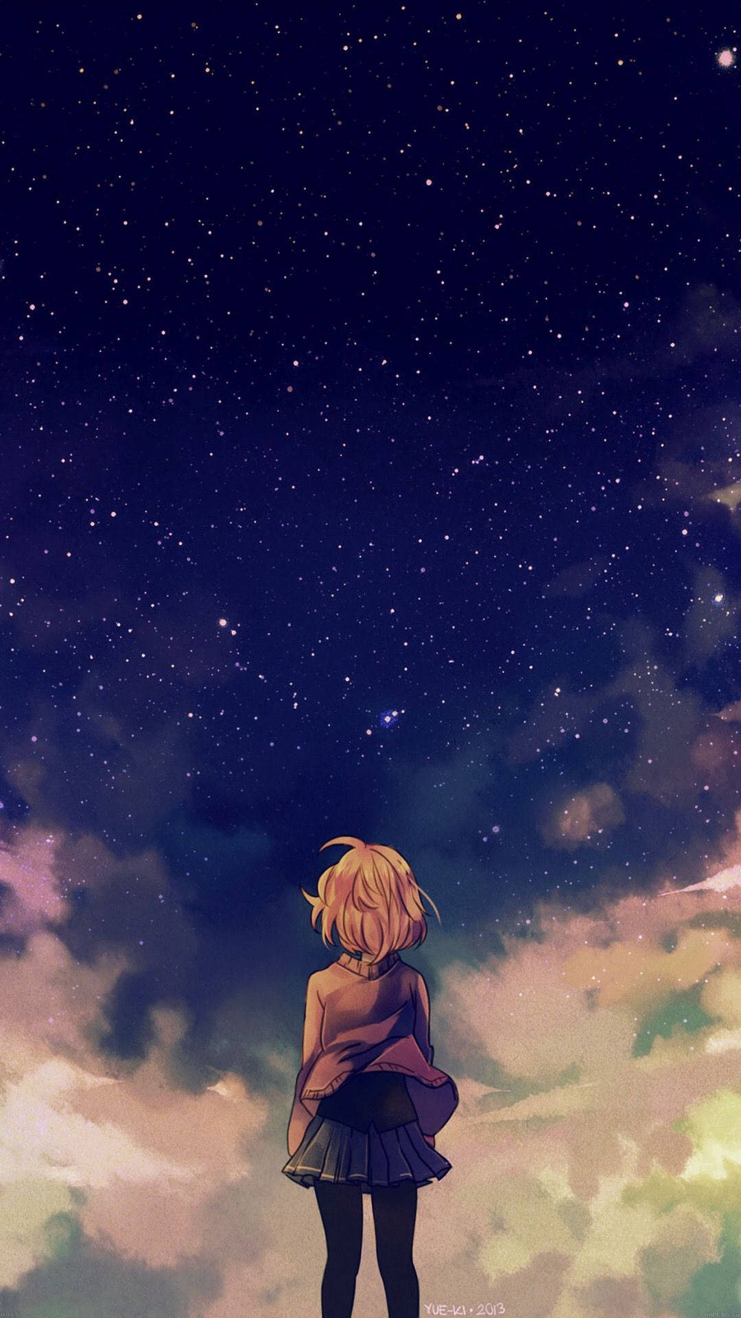 a girl is standing in front of a starry sky Wallpaper