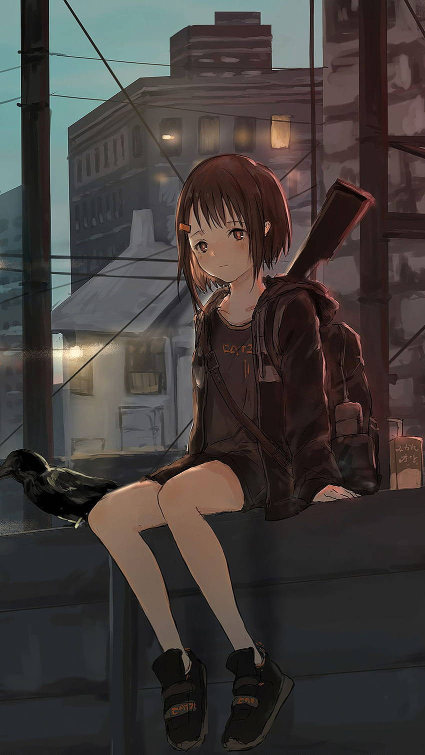 En pige sidder på en kant med et gevær i sin hånd. Wallpaper