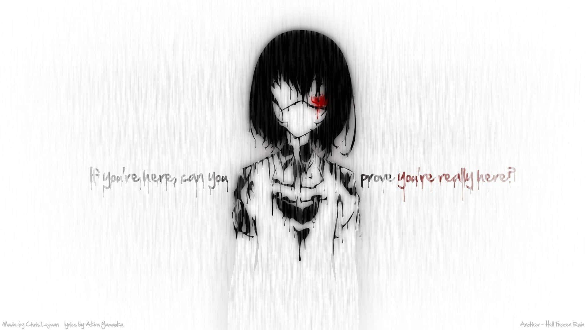 a girl with black hair and a red eye is standing in the rain Wallpaper