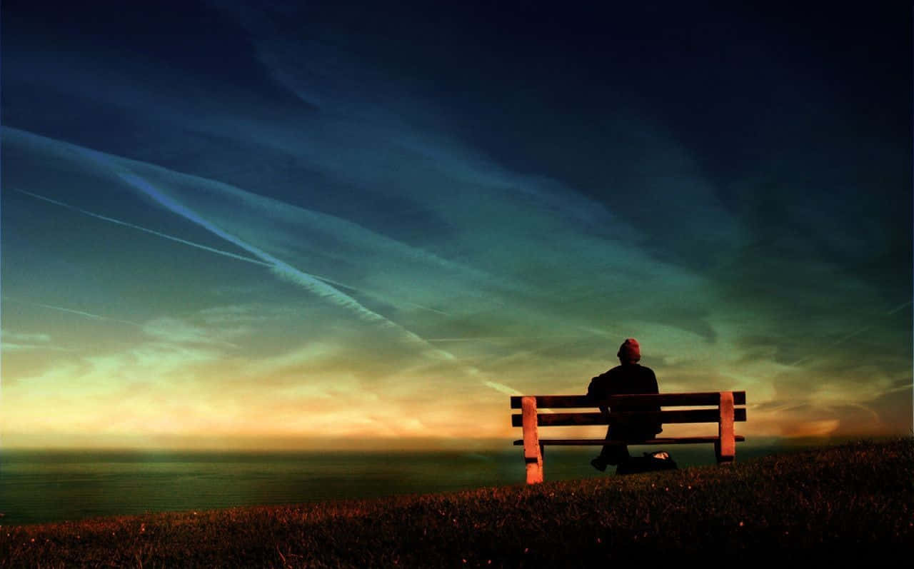 Alone Man Sitting On Bench Sad Background