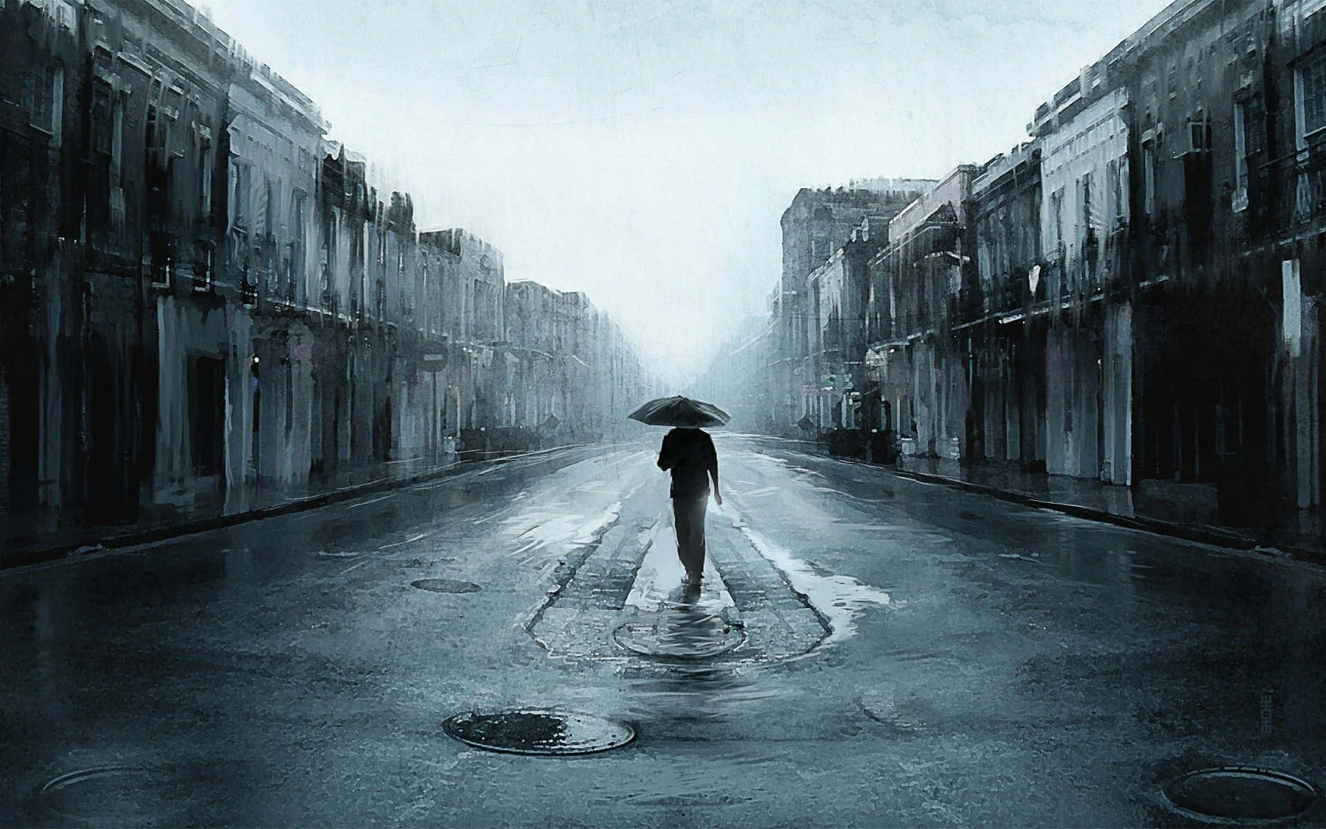 Alone Man With Umbrella Sad Background