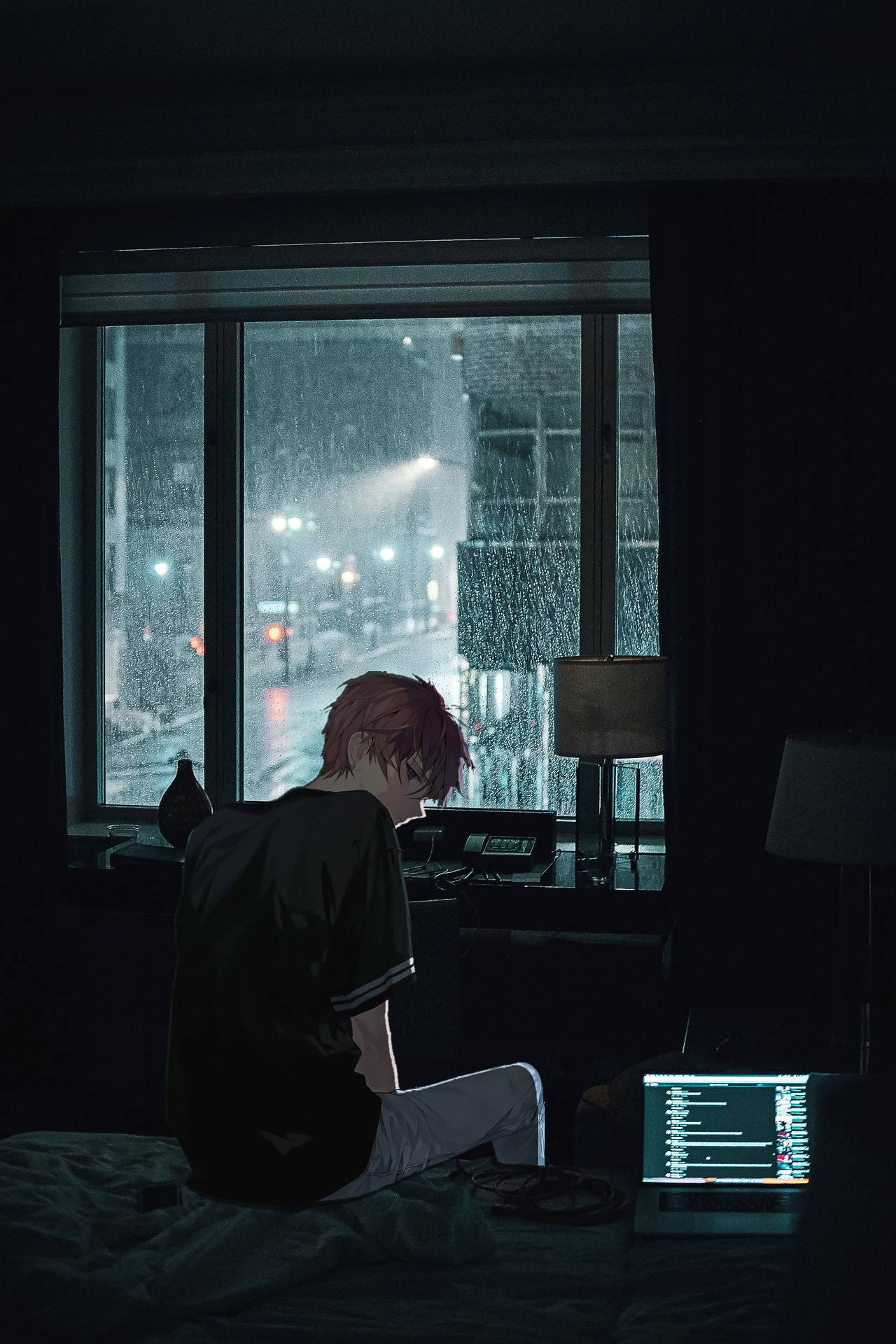 Sad Boy Anime Dark Room Wallpaper