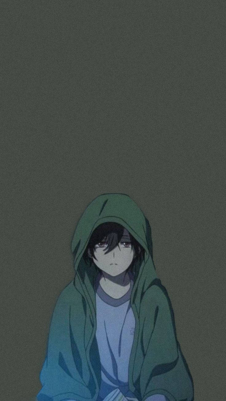Trist dreng anime grøn hætte personligt tapet Wallpaper