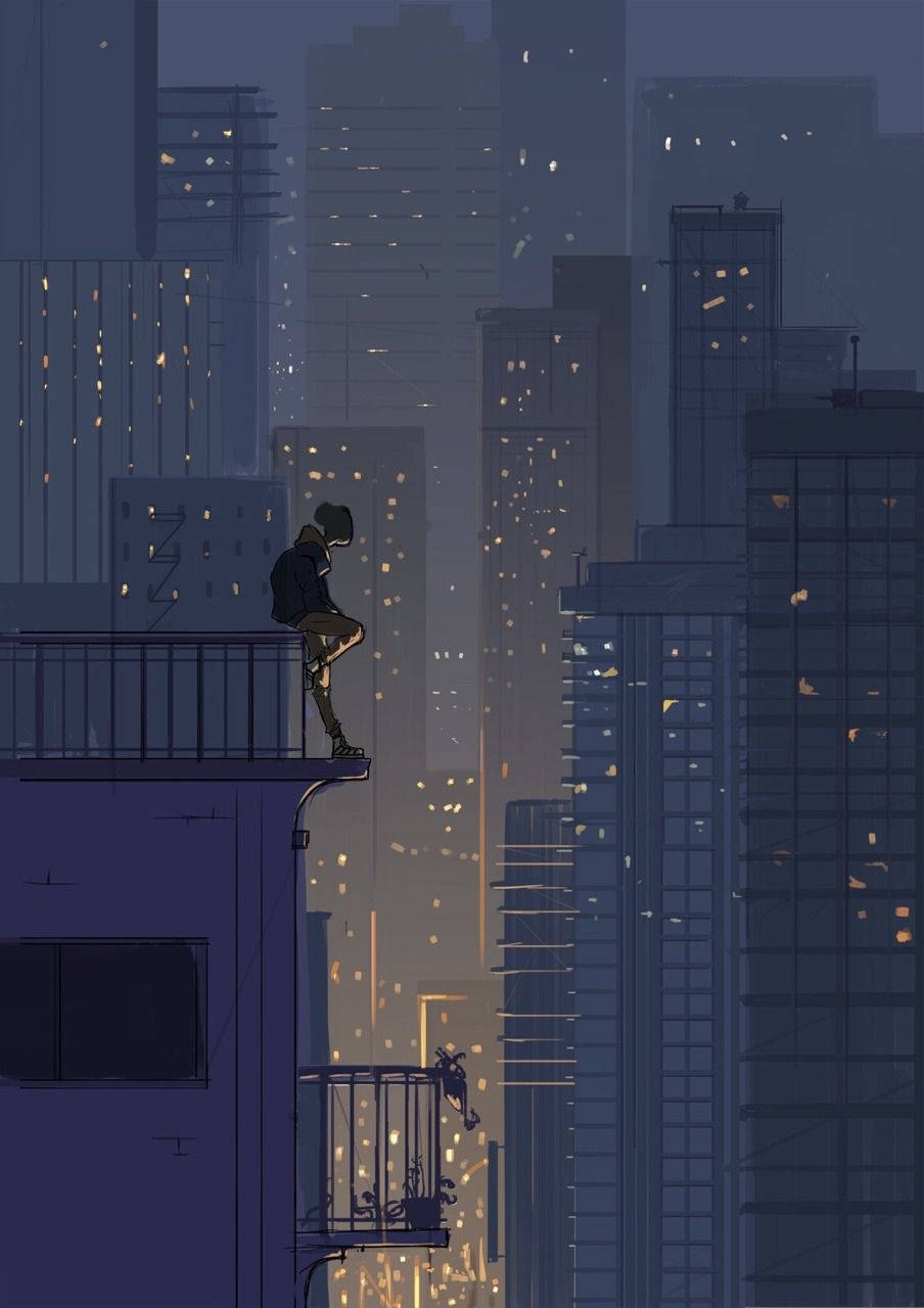 Sad Boy Anime Night City Lights Wallpaper