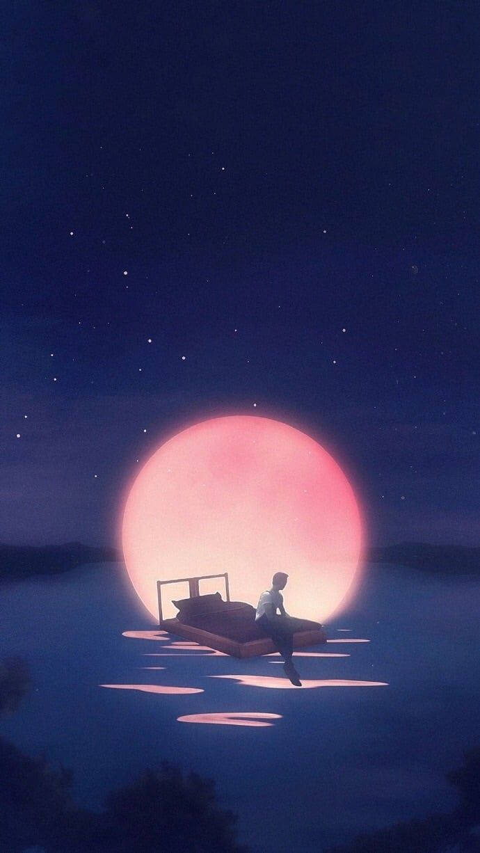 Sad Boy Anime Pink Moon Wallpaper