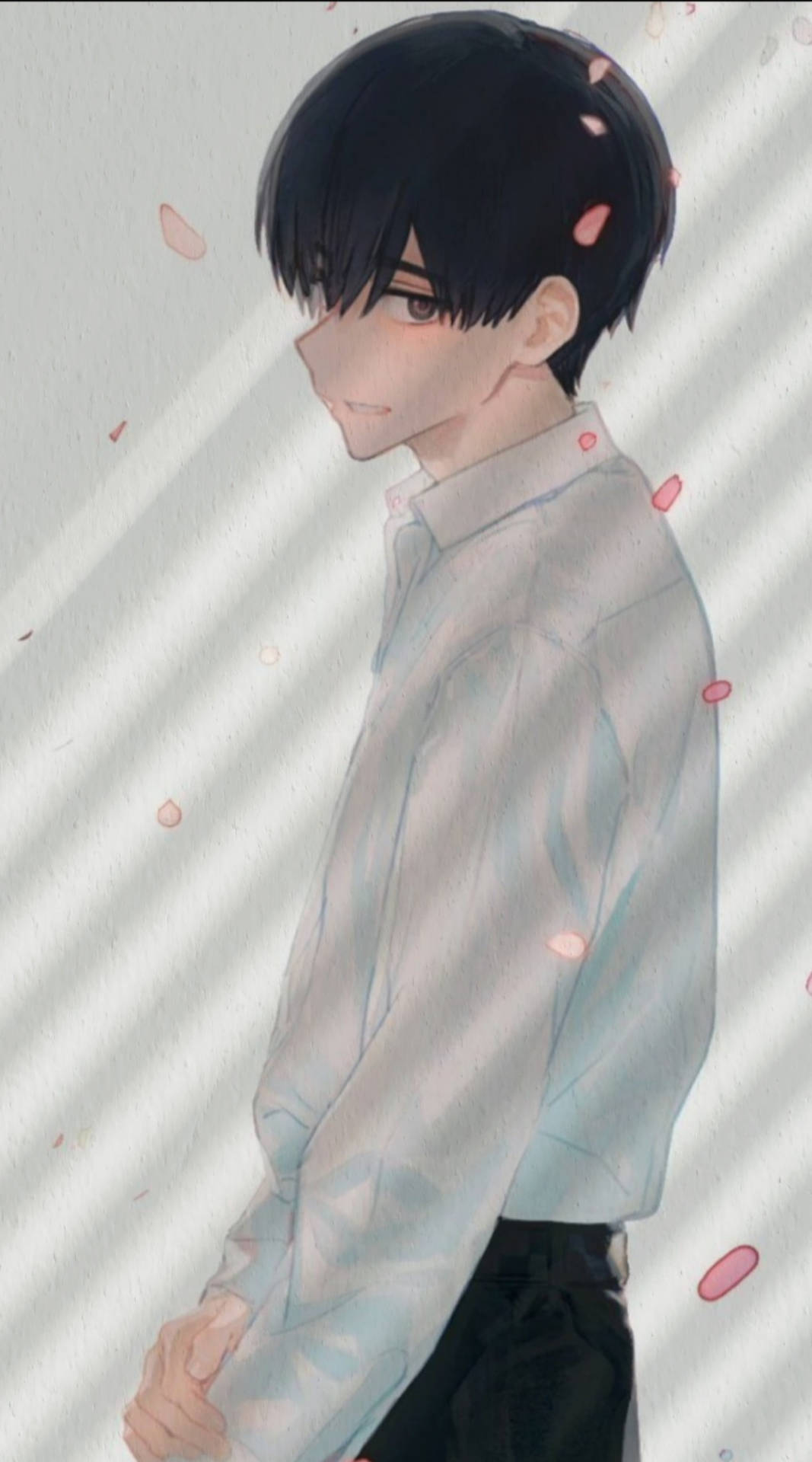 Sad Boy Anime Pink Petals Wallpaper