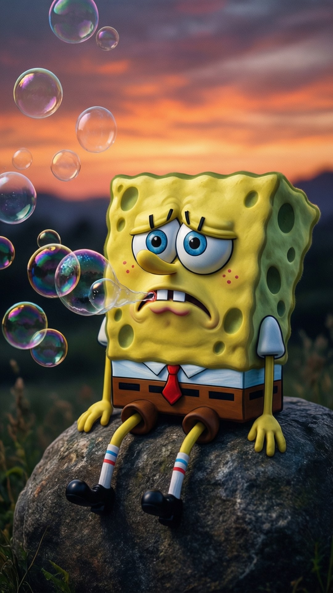 SvampBob ser ledsen ut medan han blåser bubblor vid solnedgång.