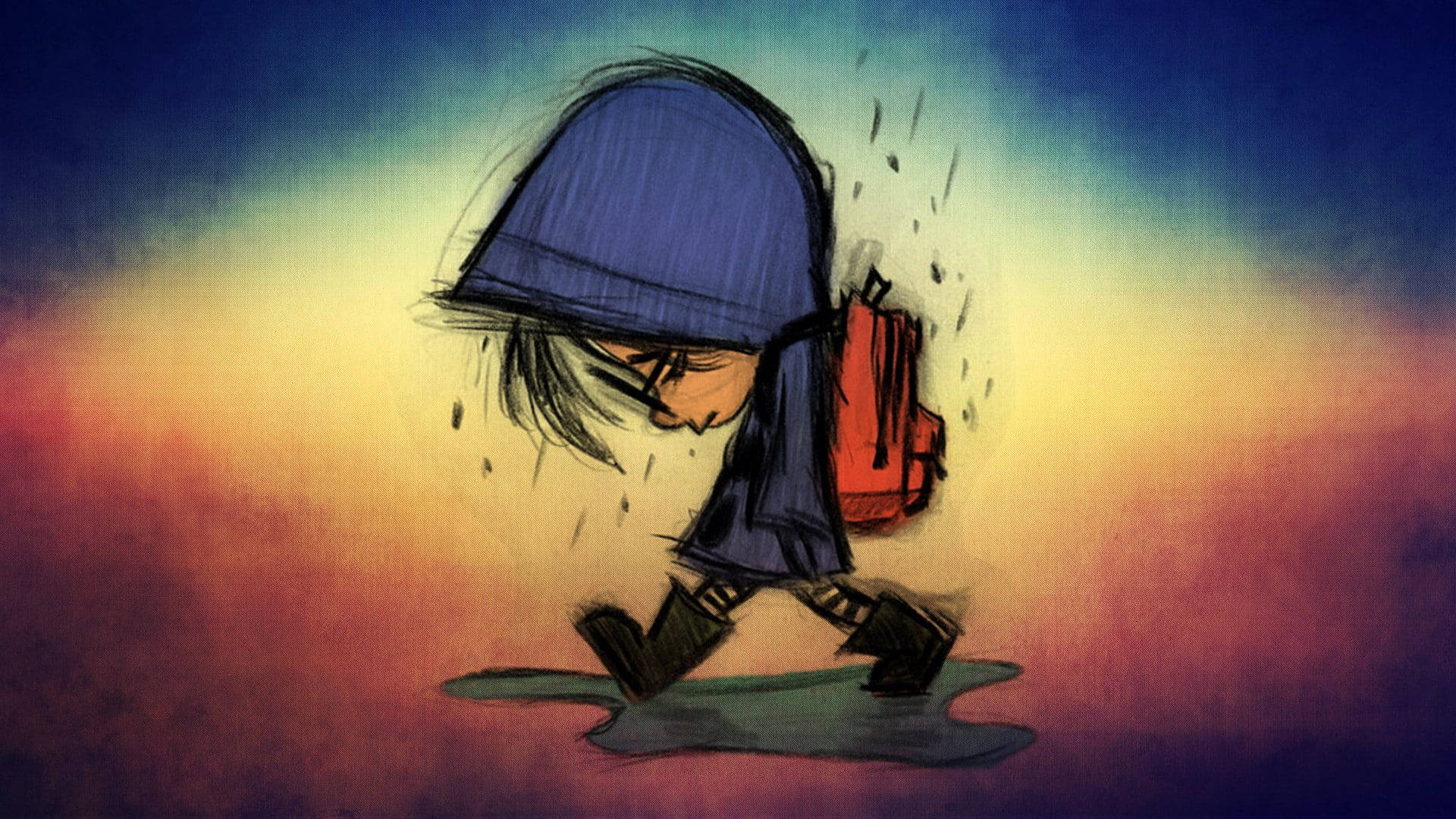 Sad Cartoon Boy Walking In The Rain Wallpaper
