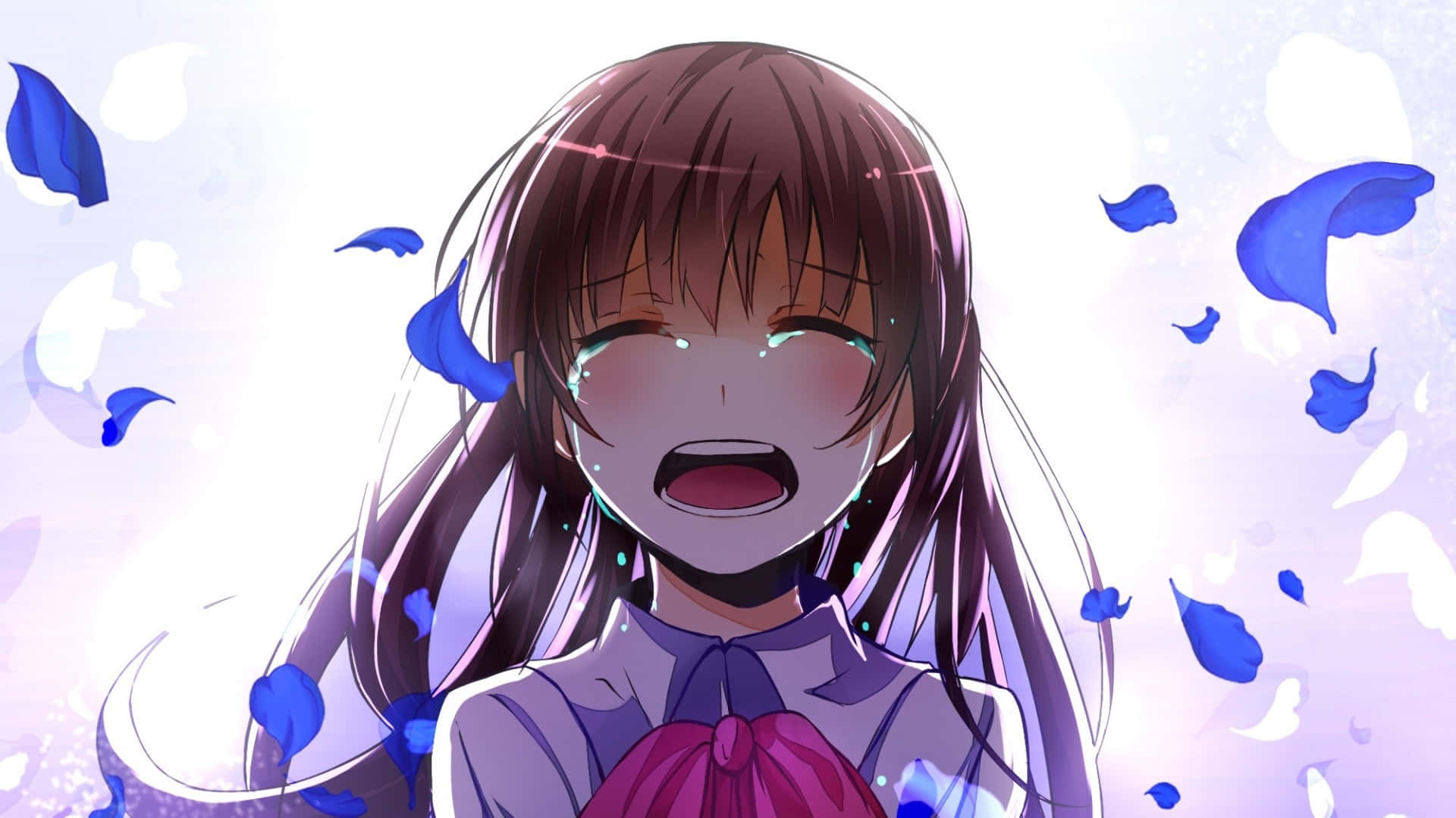 A Girl With Long Hair And Blue Petals Falling Around Her Wallpaper
