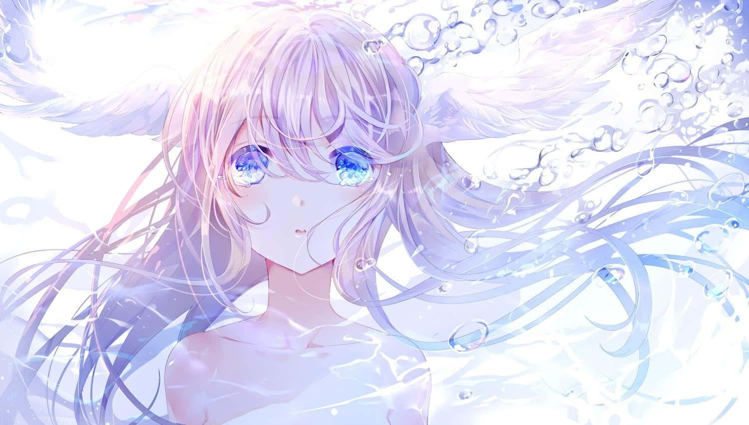 En pige med blå øjne og vinger svæver i vandet. Wallpaper