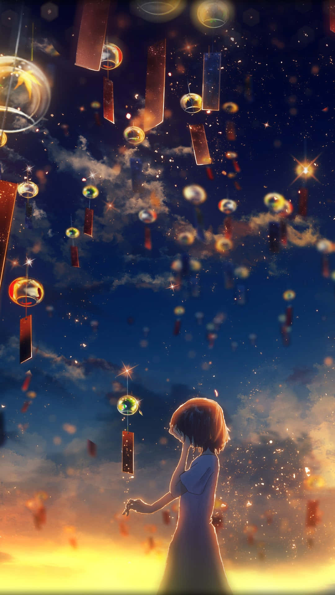 Sad Crying Anime Girl With Flying Lanterns Wallpaper