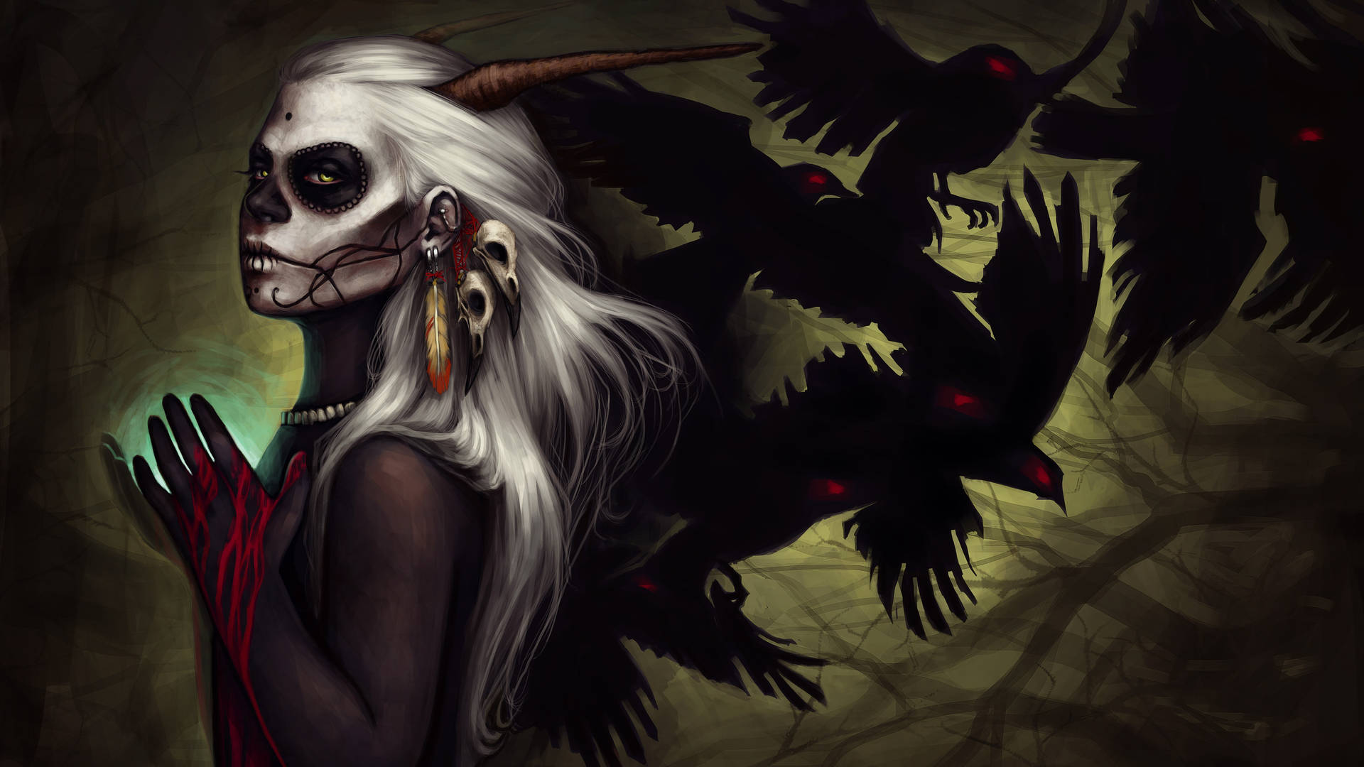 Crows Behind A Sad Demon Girl Wallpaper