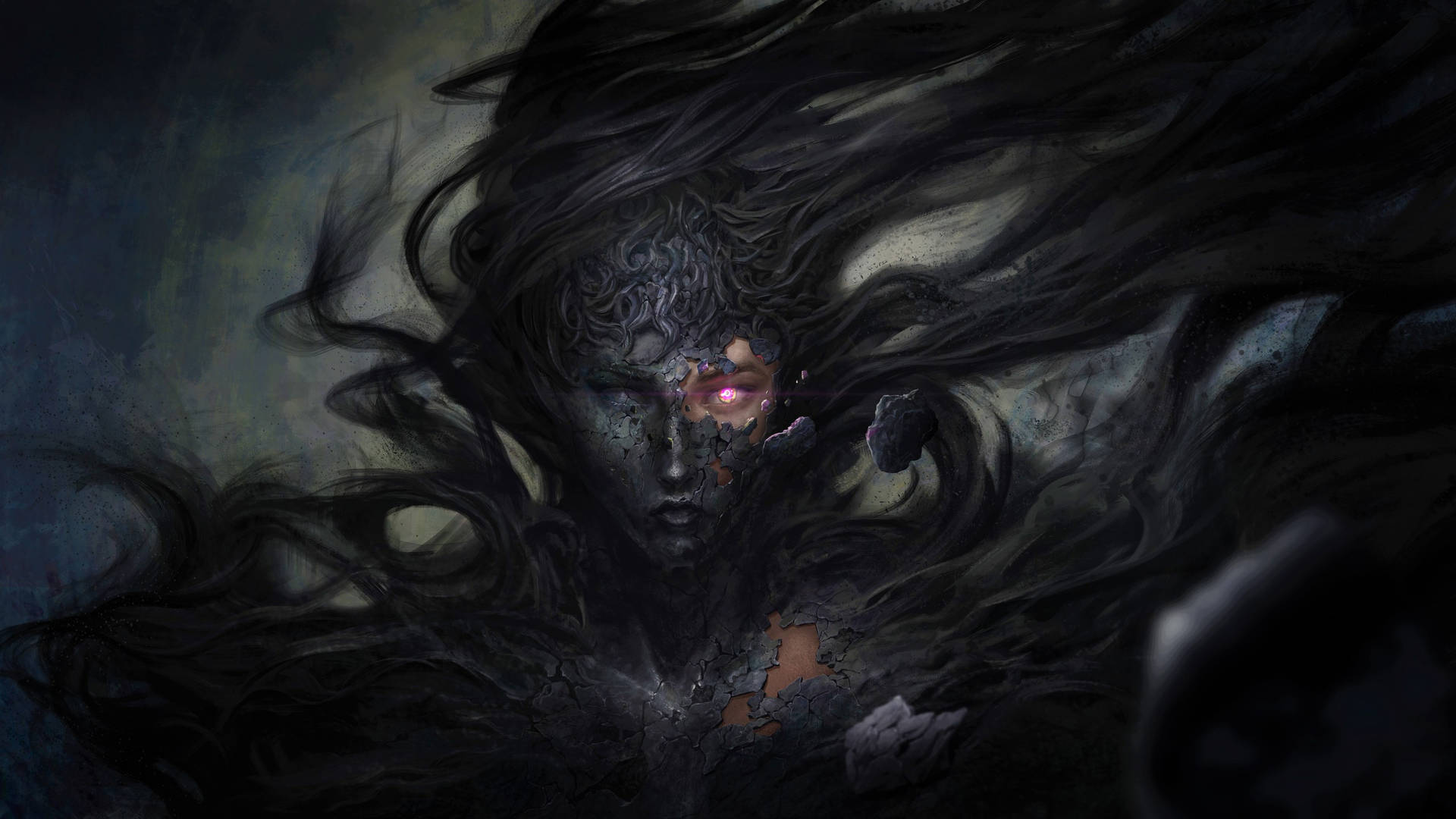 A Dark Image Of A Woman With Long Hair Wallpaper