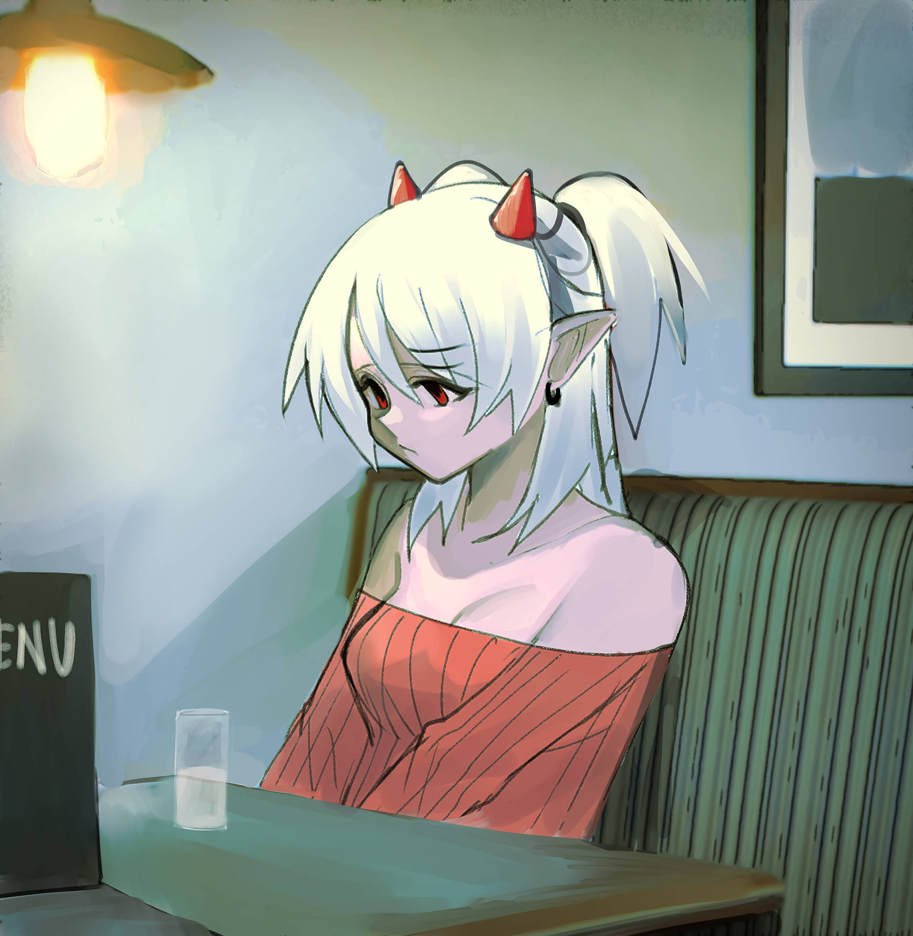 Sad Demon Girl In A Restaurant Wallpaper