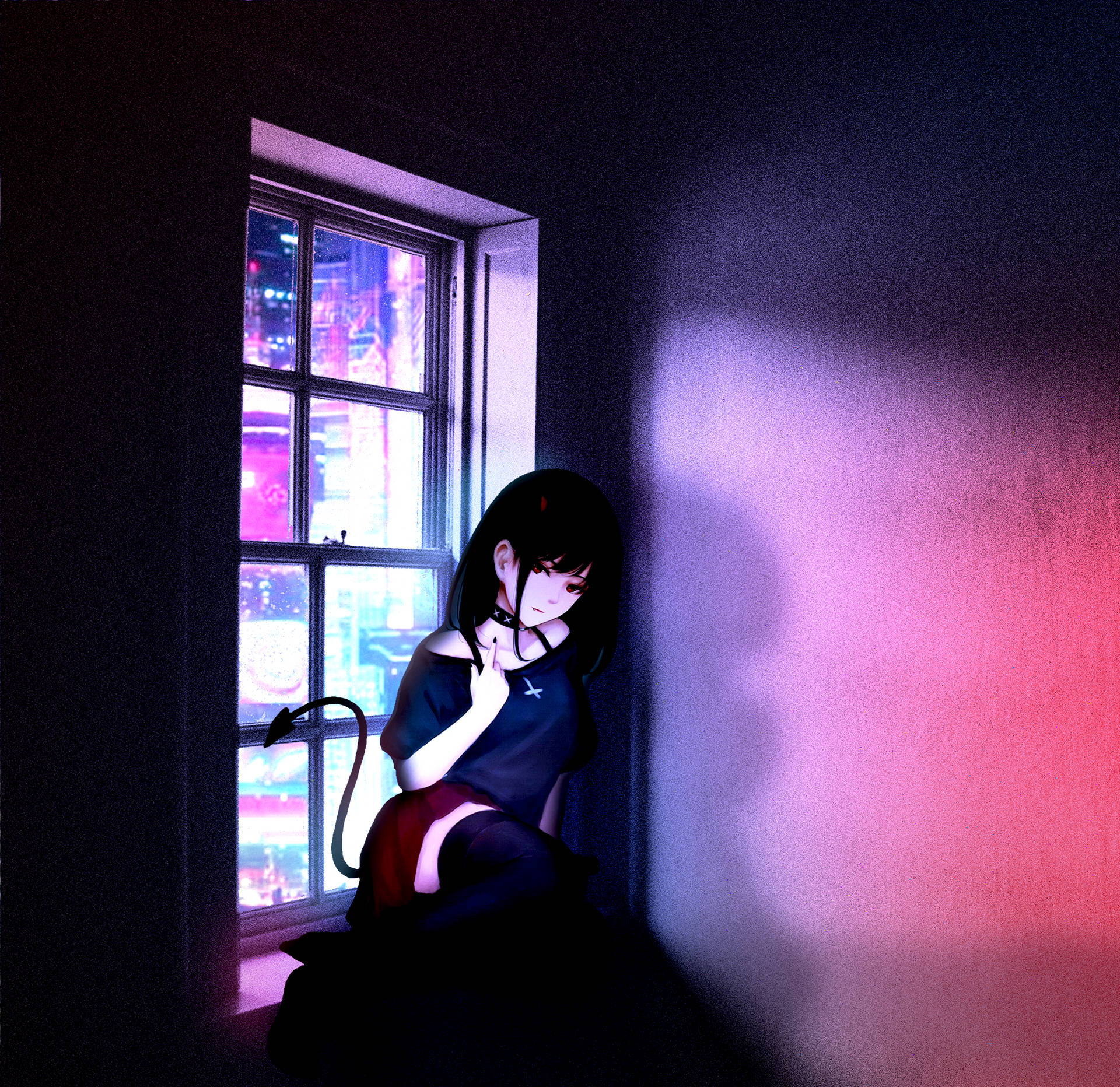 En pige sidder i et vindue med et rødt lys, der skinner på hende. Wallpaper
