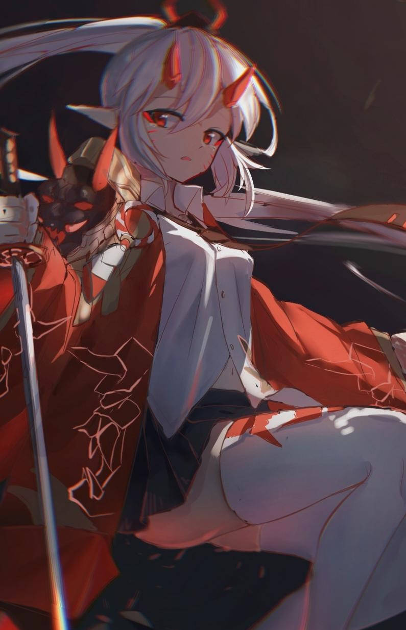 En pige med et sværd og rød dragt Wallpaper