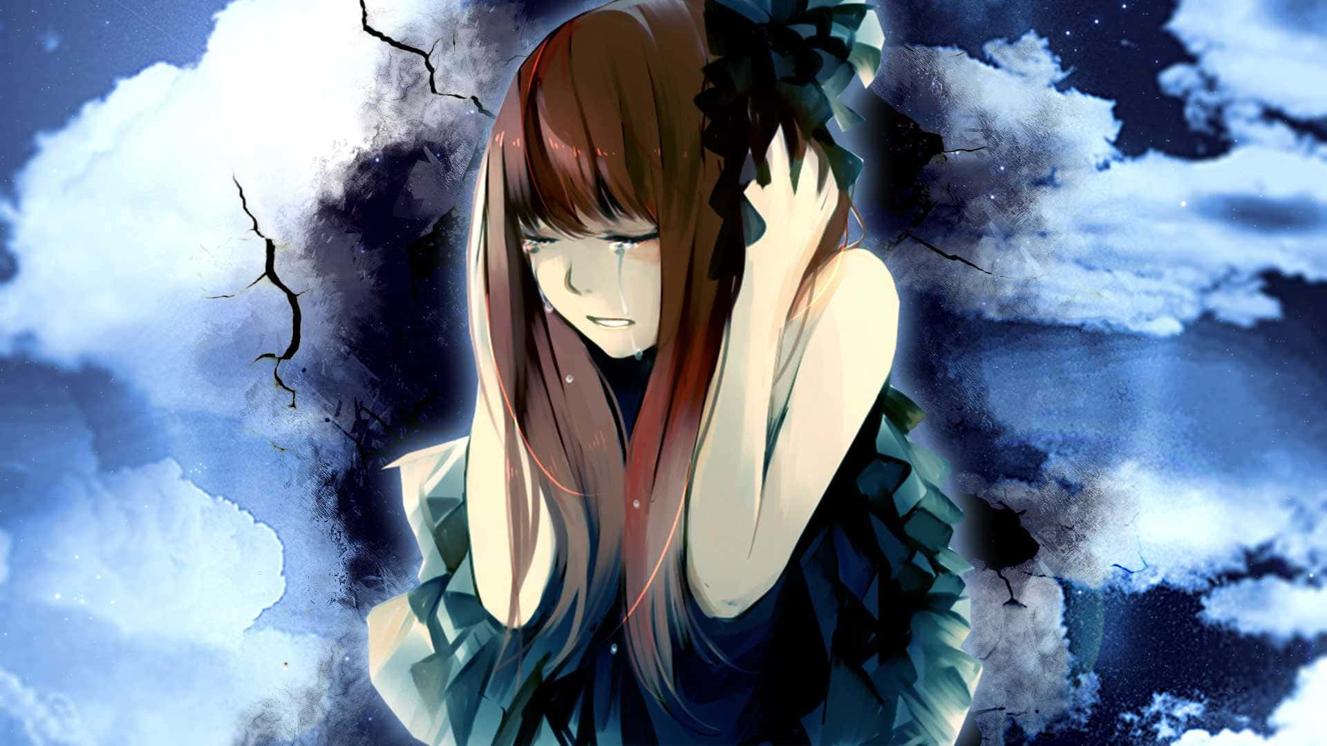 Trist deprimerende anime-pige grædende holder hoved æstetisk tapet Wallpaper