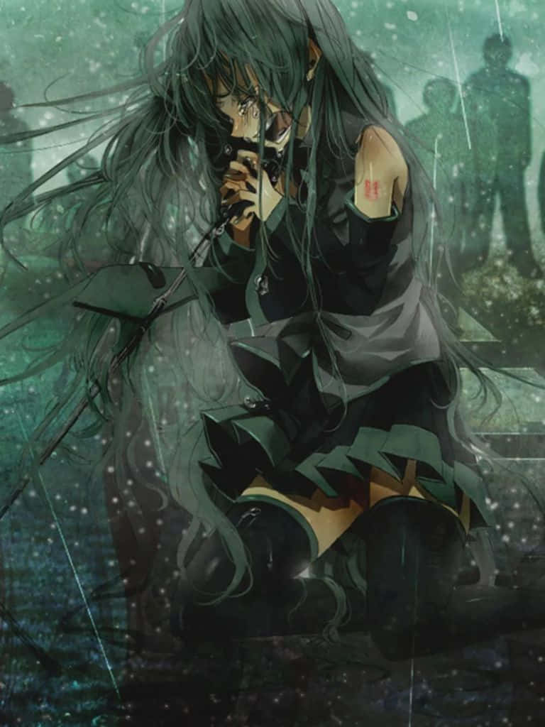 Chicatriste Y Deprimente Del Anime Llorando Bajo Una Lluvia De Muerte. Fondo de pantalla