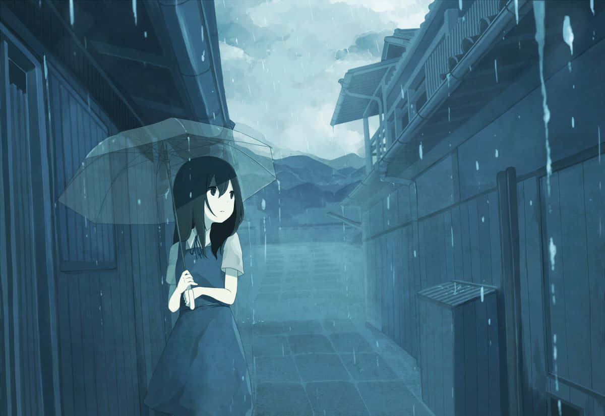 En trist deprimerende anime pige, der går i en mørk baggård Wallpaper
