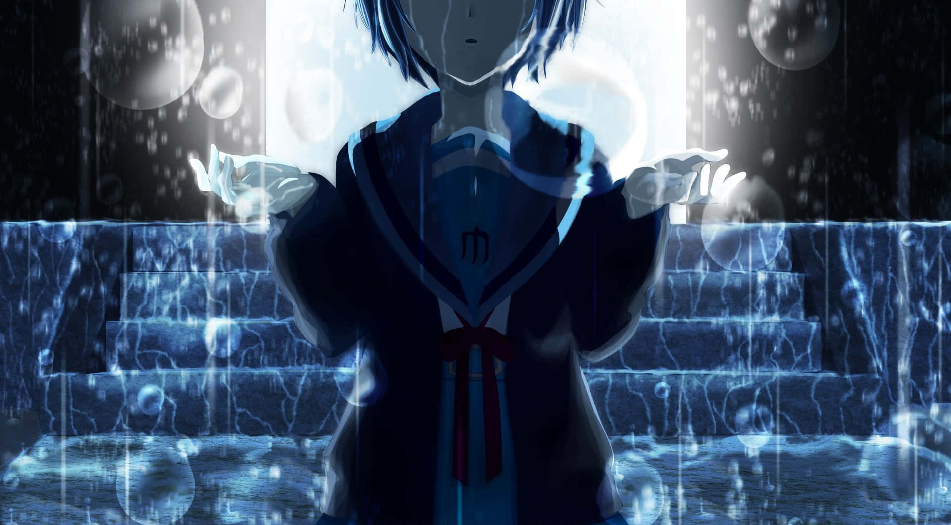 Traurige,deprimierende Anime Bilder: Yuki Nagato Weint Unter Der Dusche. Wallpaper