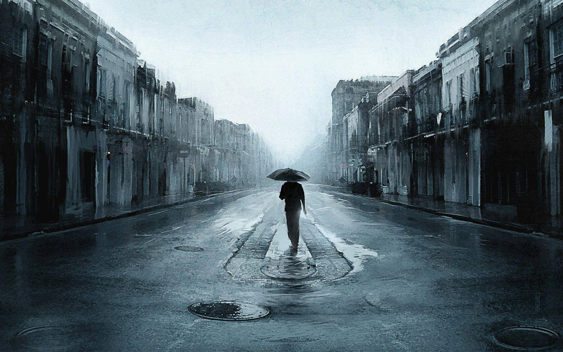 Traurige,deprimierende Person Mit Regenschirm. Wallpaper