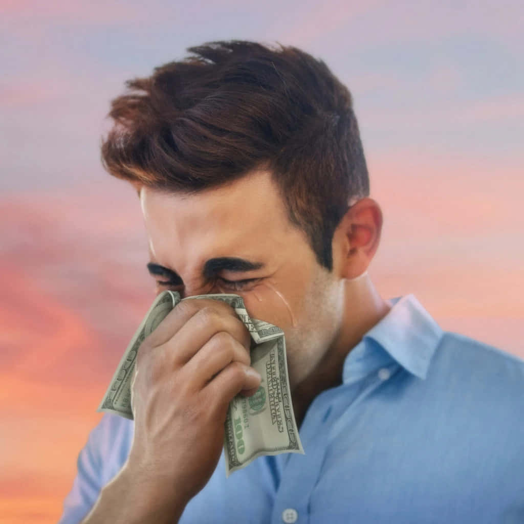 A Man Blowing His Nose With Money In His Hand