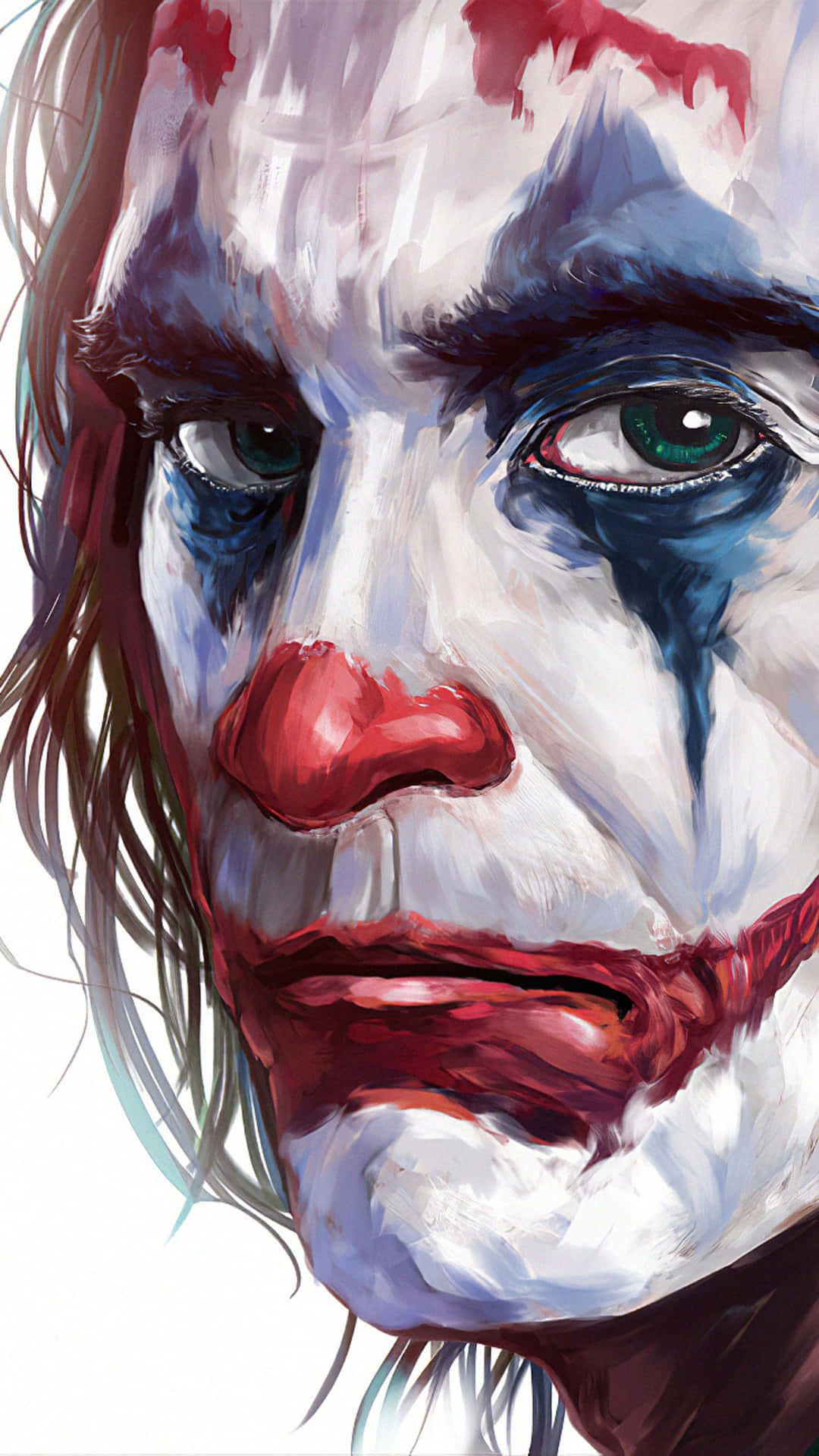 Enmålning Av En Joker Med Rött Och Blått Smink På En Dator- Eller Mobilskärmsbakgrund.