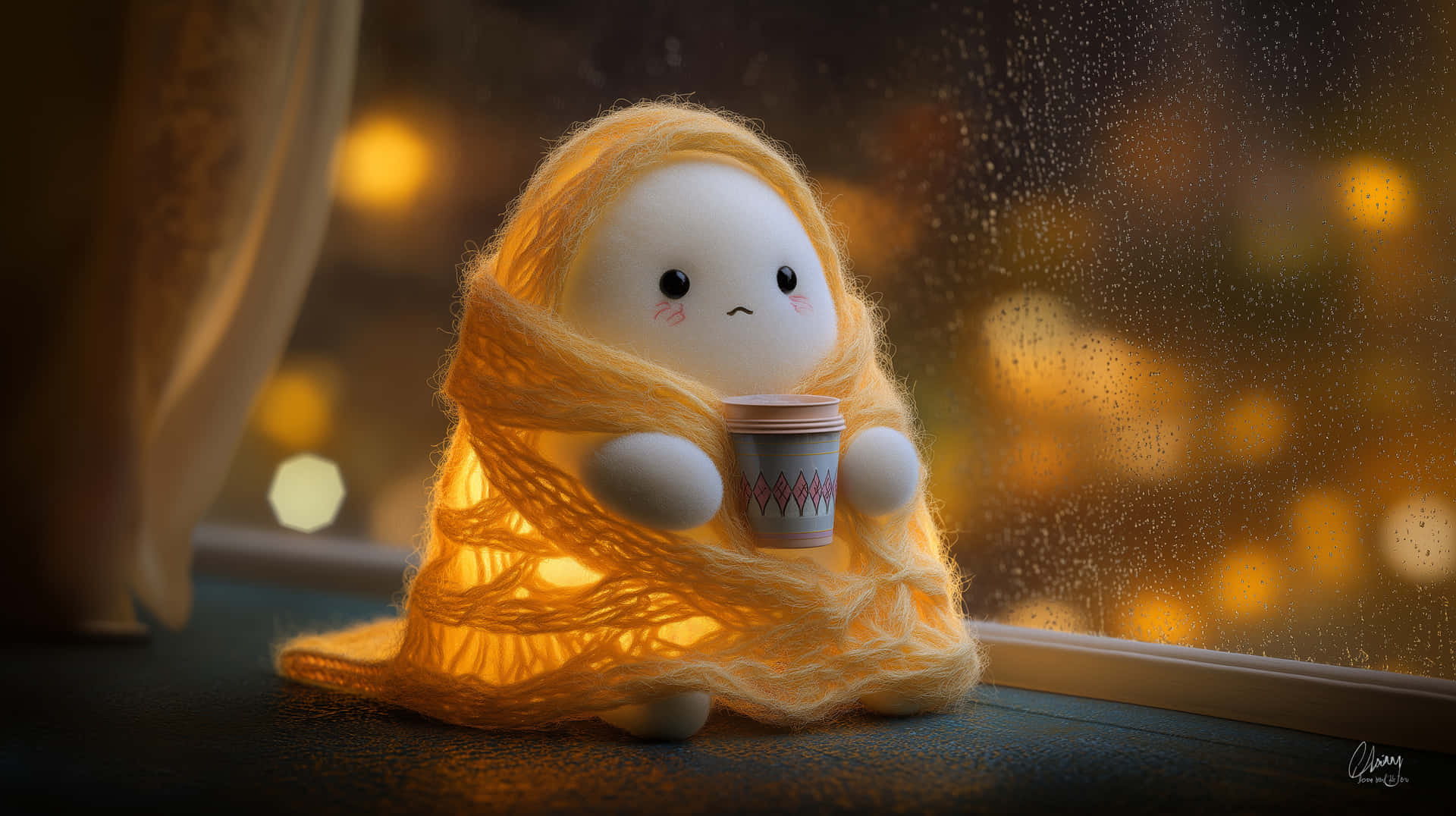 Sad Ghost Wrapped In Knit Blanket By Rainy Window Wallpaper