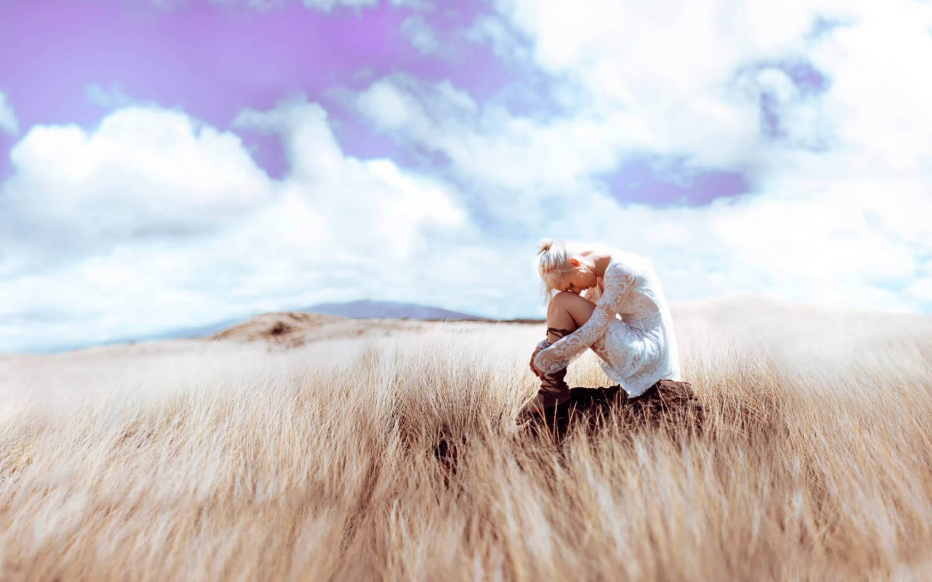 Sad Girl Alone In Grass Field Background