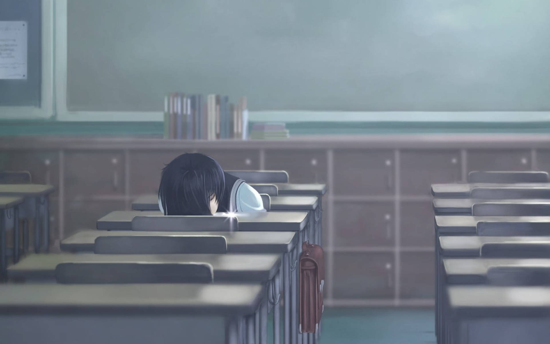 Sad Girl In Anime Classroom Wallpaper