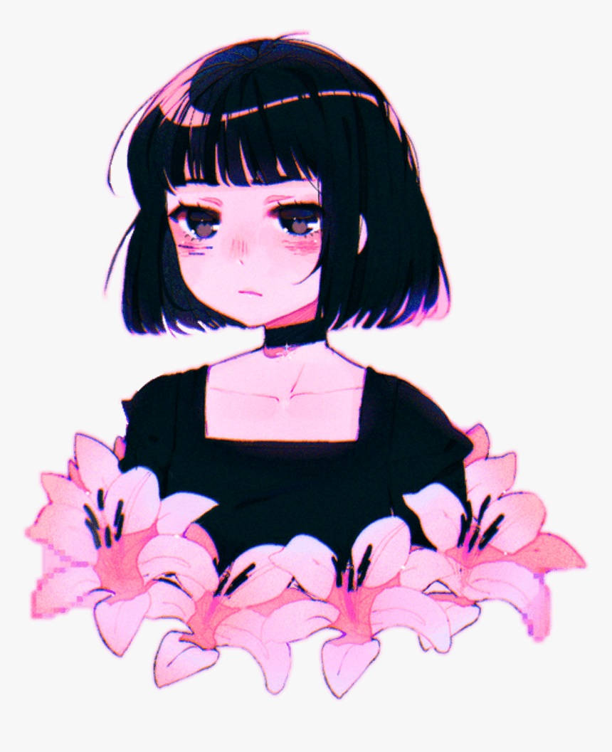 Sad Girl With Pink Flowers Aesthetic Wallpaper