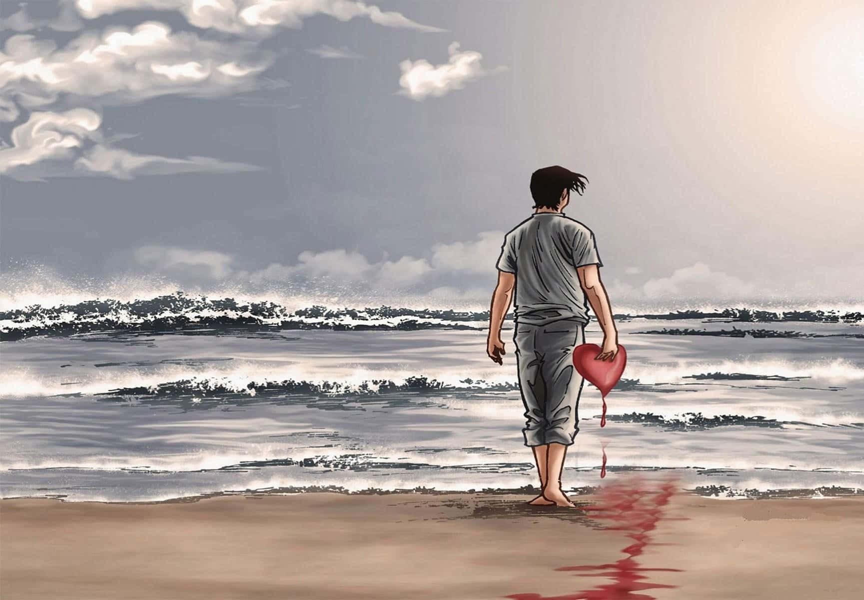 A Man Walking On The Beach With A Heart On His Shirt
