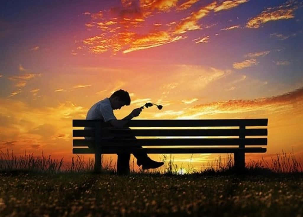 A Man Sitting On A Bench At Sunset