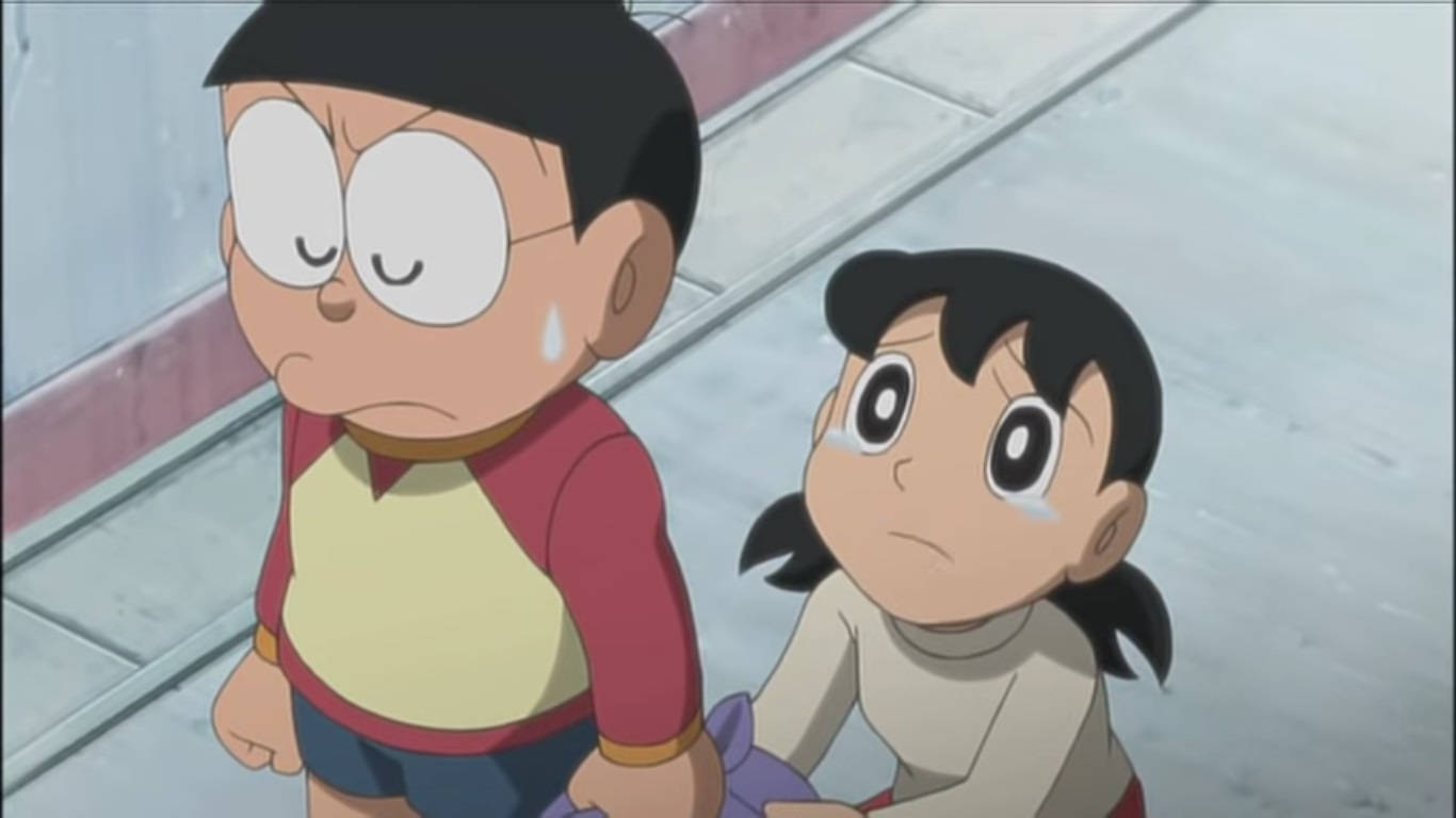 Sad Nobita And Kneeling Shizuka Doraemon Background