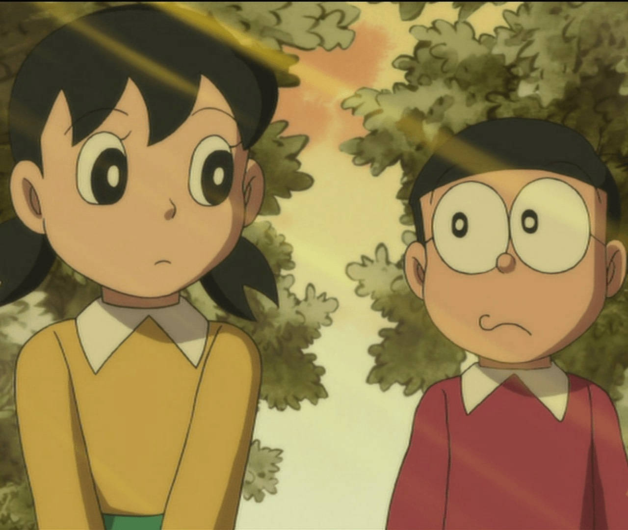 Sad Nobita And Shizuka Looking Background