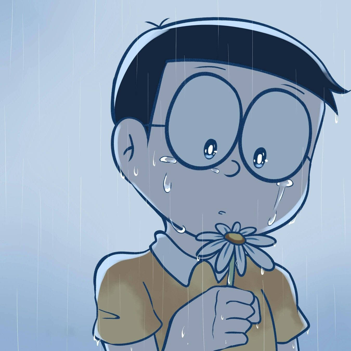 Sad Nobita Holding Flower Doraemon Background
