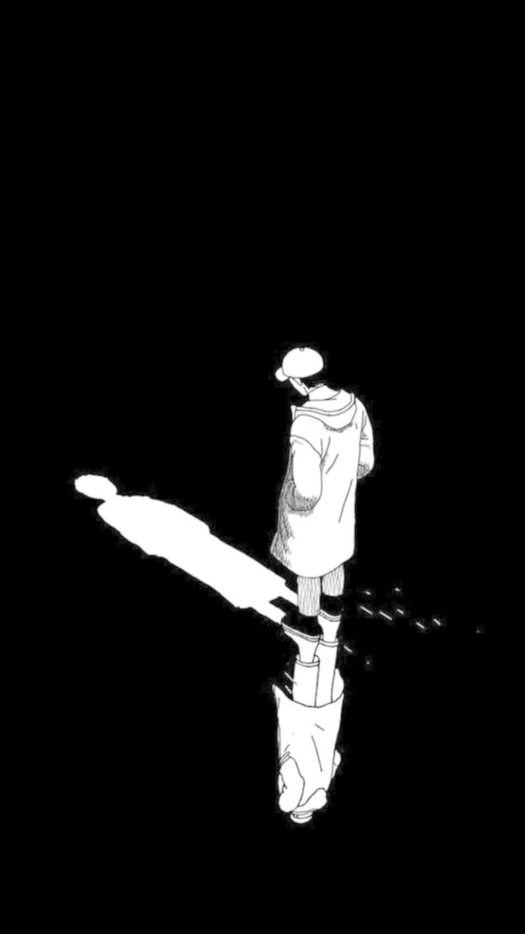 En person står i mørket med en skygge bag sig. Wallpaper
