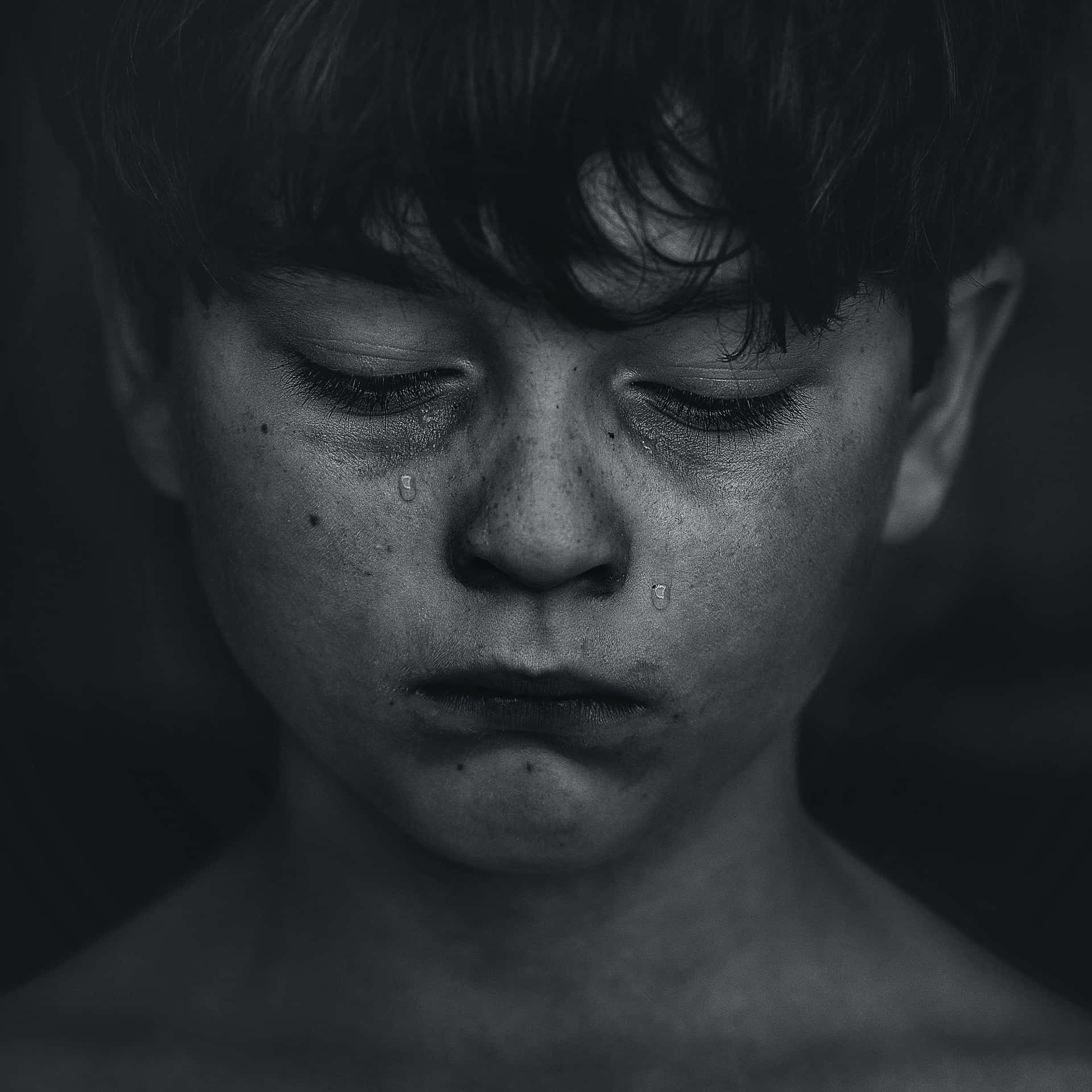 Bildpå En Ledsen Pojke Med Tårar Som Faller