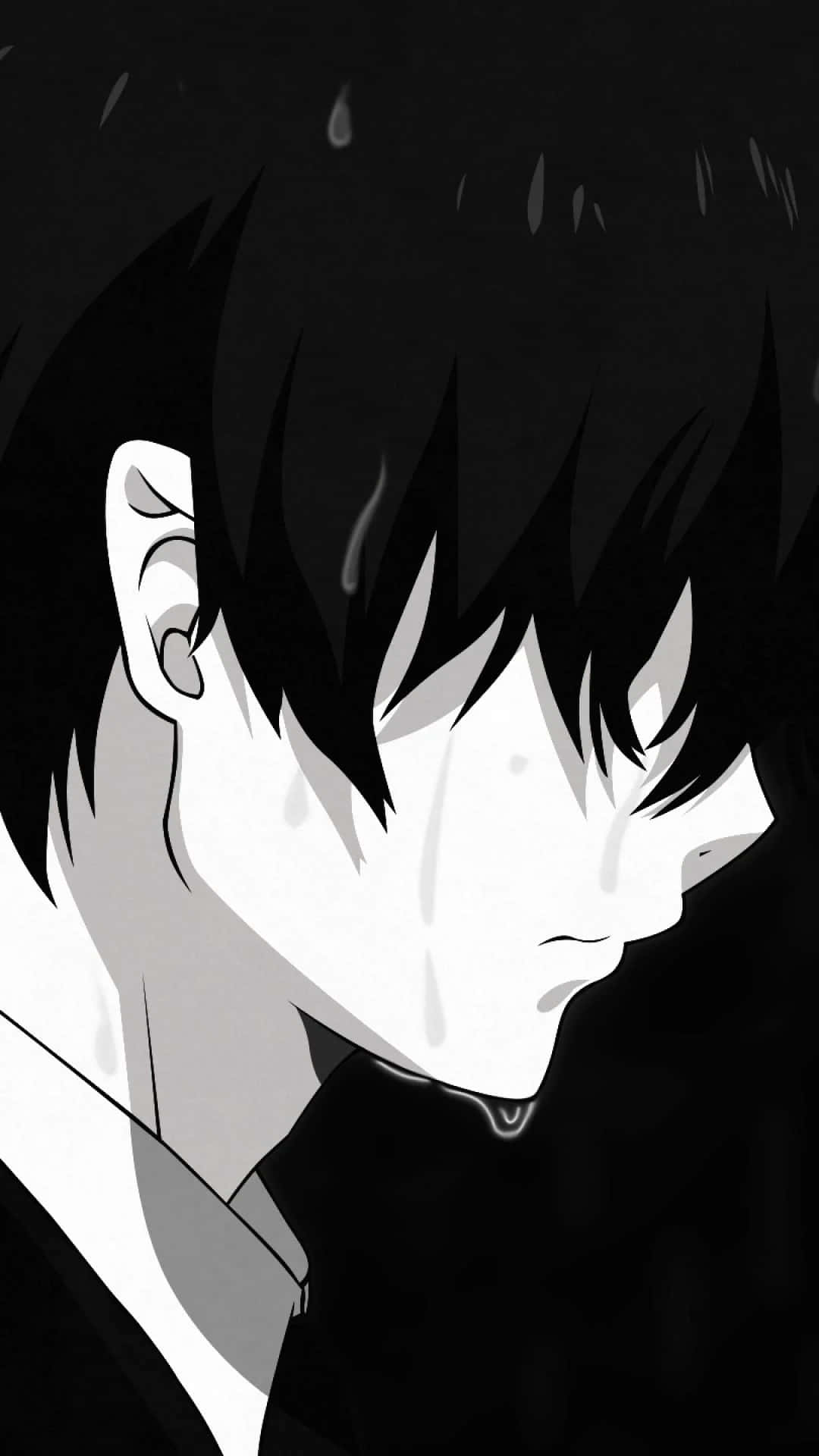 En sort og hvid billede af en anime figur.