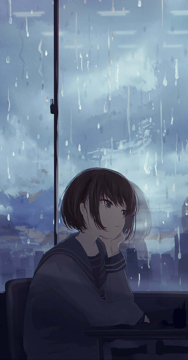 Sad Vibes Anime Girl Restaurant Rain Wallpaper