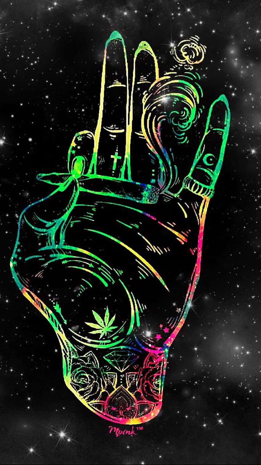 En hånd med et marihuana-blad i det. Wallpaper