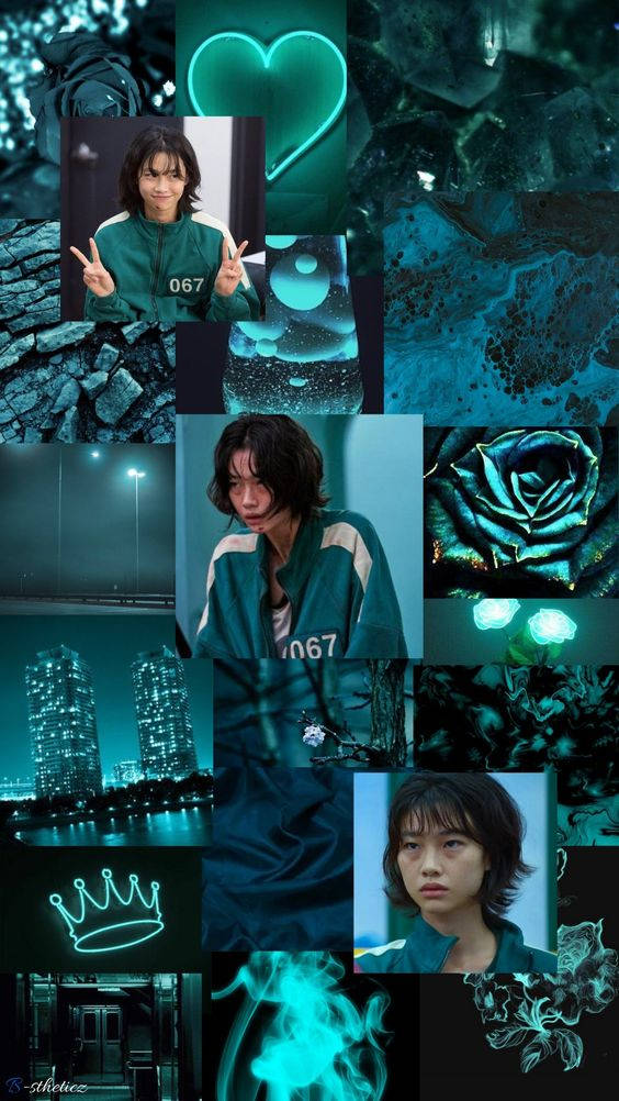 A Collage Of Photos Of A Girl In Blue And Green Wallpaper